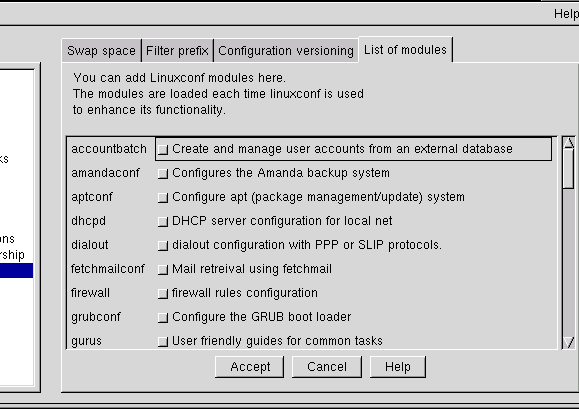 Вкладка List Of Modules утилиты Linuxconf 