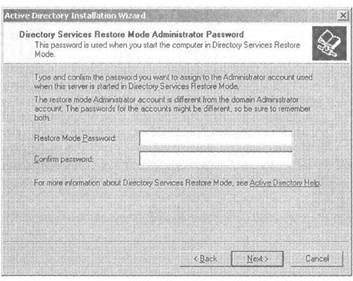 Окно Directory Services Restore Mode Administrator Password (Пароль администратора режима восстановления службы каталога)