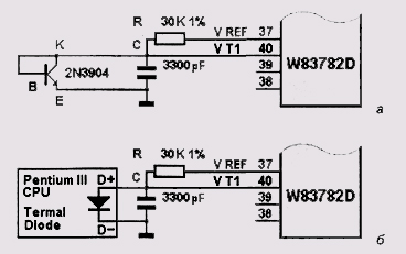 Схема подключения к микросхеме W83782D полупроводниковых термодатчиков: а — транзистора 2N3904; б — термодиода, встроенного в кристалл процессора Pentium III 