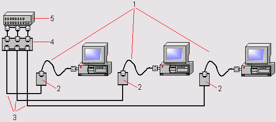 Общая схема подключений устройств в сети 10BaseT: