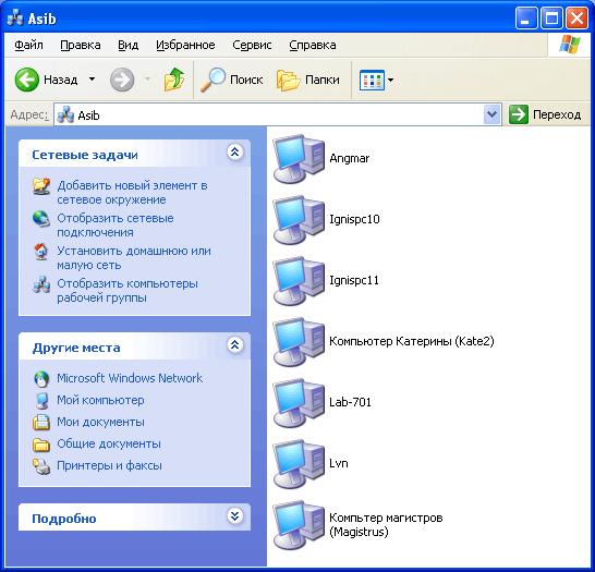 В окне, название которого совпадает с названием вашей рабочей группы, отображаются все компьютеры, входящие в данную рабочую группу