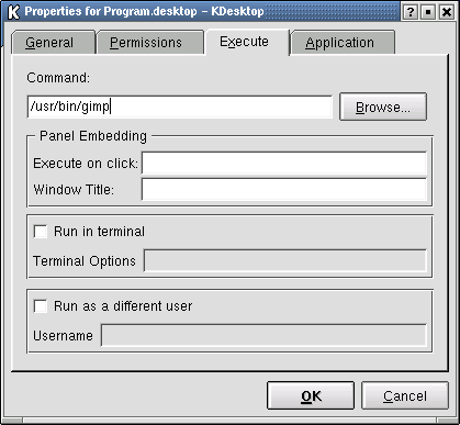 На вкладке Execute диалогового окна Properties ссылочного файла КDЕ определяется способ запуска программы