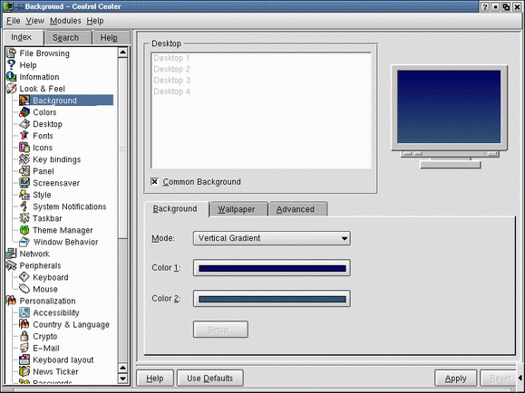 Набор параметров Background раздела Desktop определяет фоновые цвета и узоры всех рабочих столов 