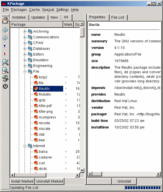 Главное окно программы KPackage: все пакеты RPM по категориям