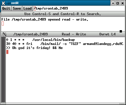 Редактирование файла crontab в редакторе xedit 