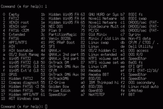 Изменение идентификатора типа раздела в программе fdisk. Наиболее популярные типы разделов представлены в таблице 5.1.